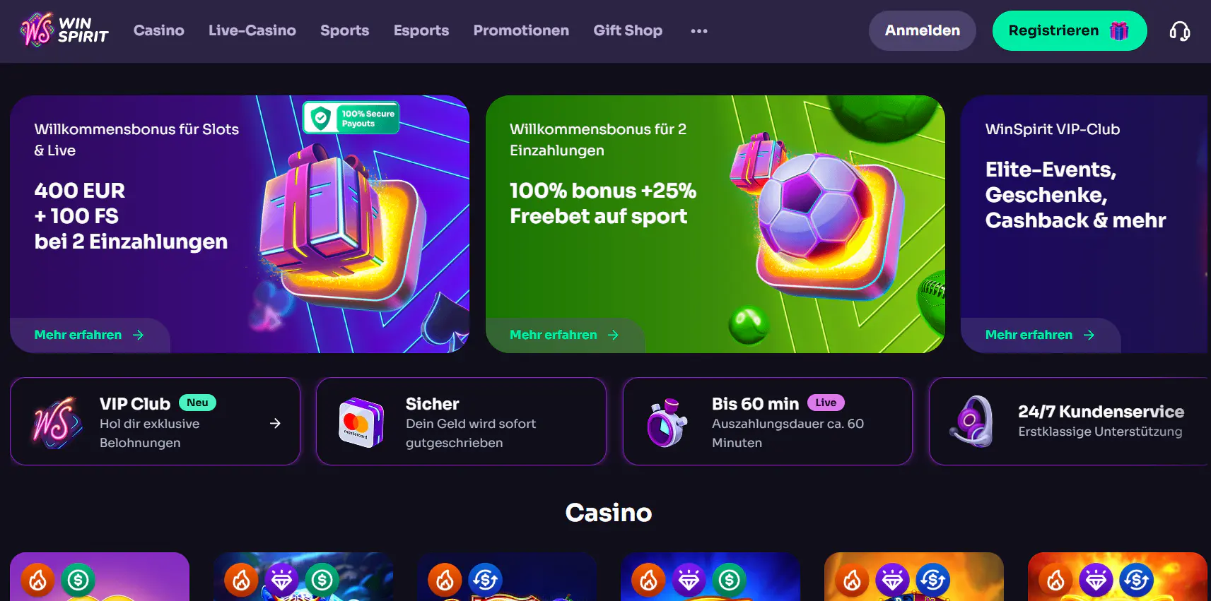 Dokumentarische Ansicht der Startseite von WinSpirit mit erkennbarer Website-Navigation