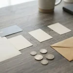 Schreibtisch mit neutralem Zahlungsbeleg, Münzsymbolen und drei schlichten Prüfkarten