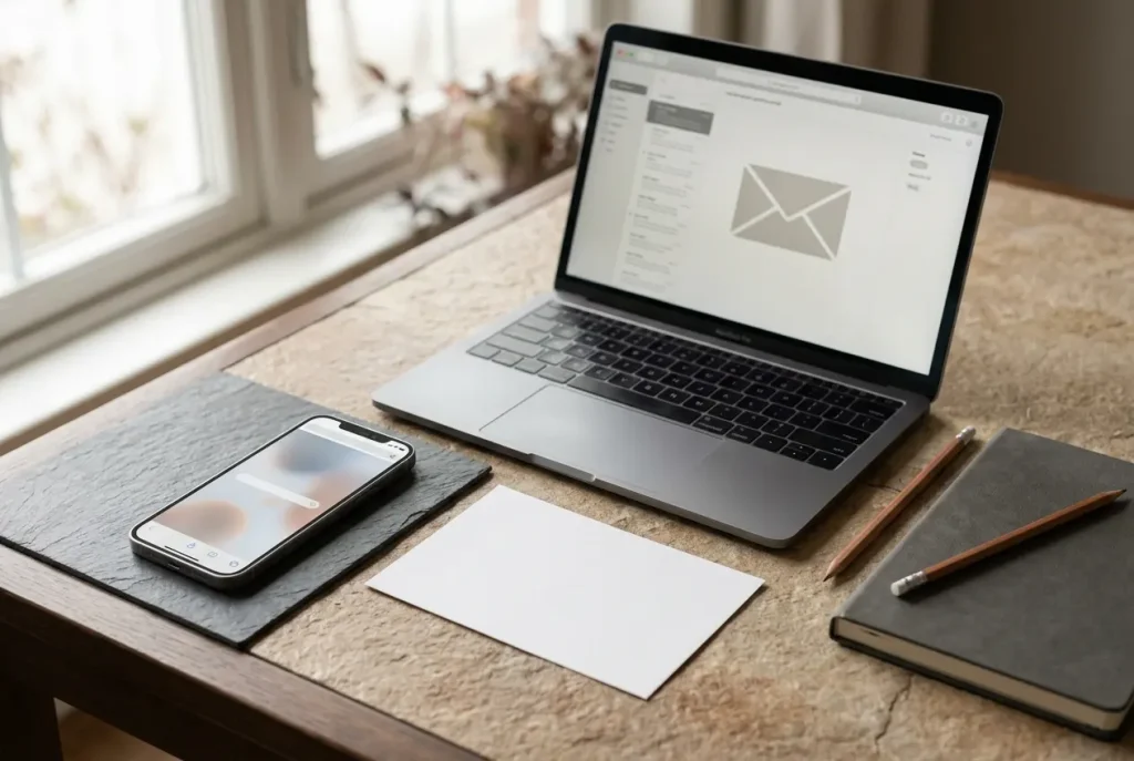 Geöffnetes E-Mail-Postfach neben einem Mobiltelefon mit neutraler Browseransicht und schlichtem Notizbuch.