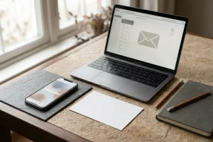 Geöffnetes E-Mail-Postfach neben einem Mobiltelefon mit neutraler Browseransicht und schlichtem Notizbuch.