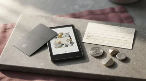 Bankkarte, abstraktes digitales Geldbörse und neutrale Münzsymbole auf einem Schreibtisch