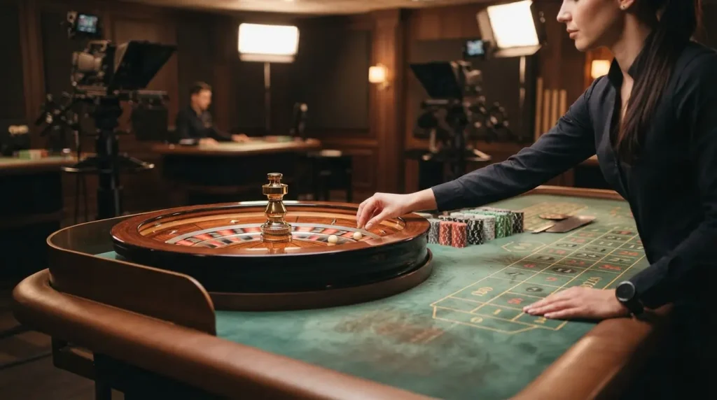 Neutrale Studioaufnahme eines Roulette- und Kartentisches mit Dealerhänden und Spielmarkern, ohne erkennbare Personen.