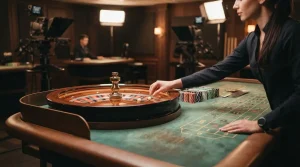 Neutrale Studioaufnahme eines Roulette- und Kartentisches mit Dealerhänden und Spielmarkern, ohne erkennbare Personen.